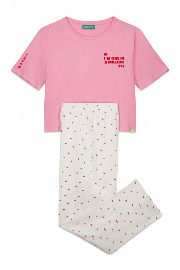 HI&BYE Pijama larga estampada de 100% algod&oacute;n rosa rosa