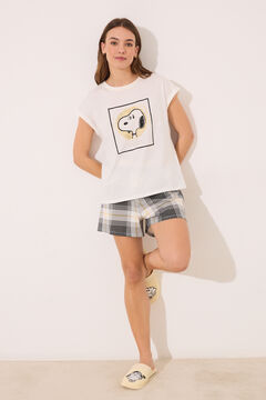 Womensecret Pijama corta de algodón a cuadros de Snoopy marfil