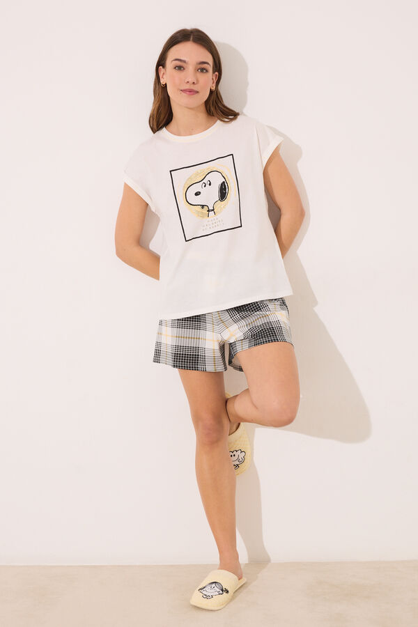 Womensecret Pijama corta de algodón a cuadros de Snoopy marfil