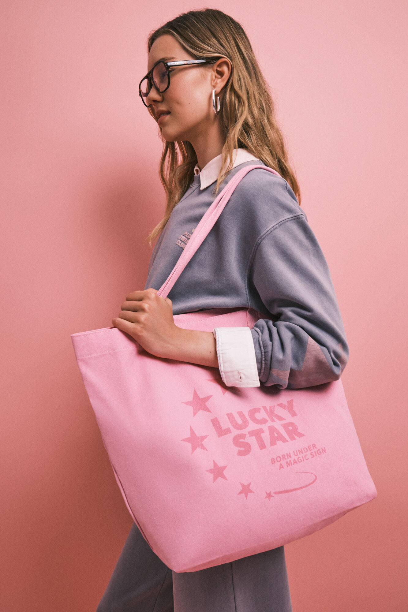 HI&BYE Bolsa tote rosa estrellas