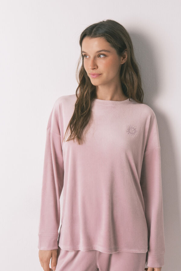 Women'secret Pijama larga de terciopelo rosa con canalé  rosa