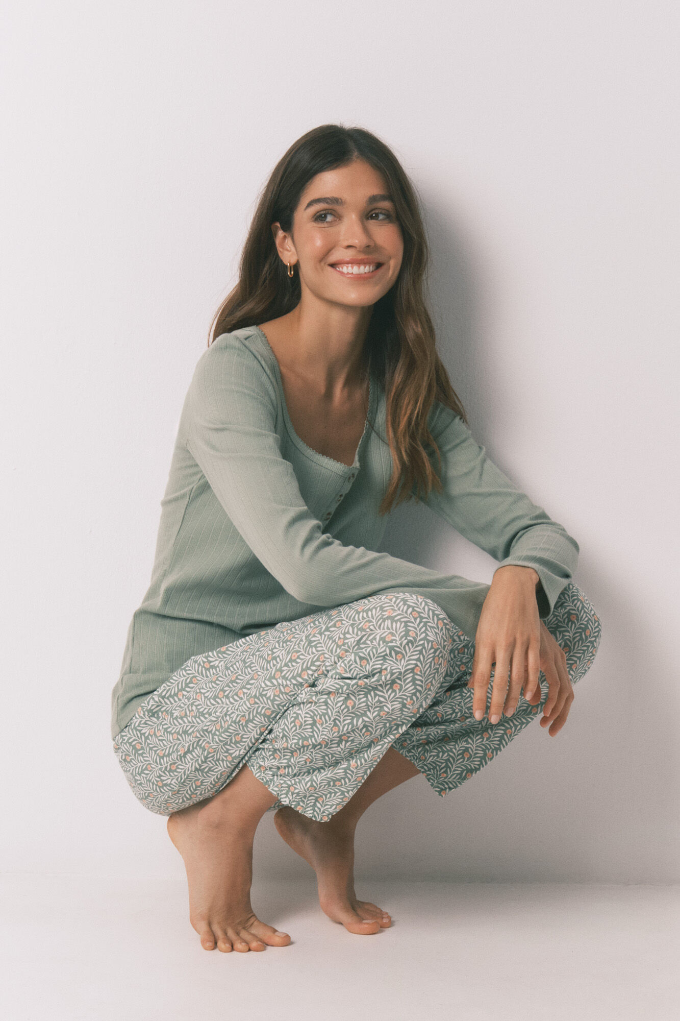 Women'secret Pijama larga estampado flores de algod&oacute;n verde
