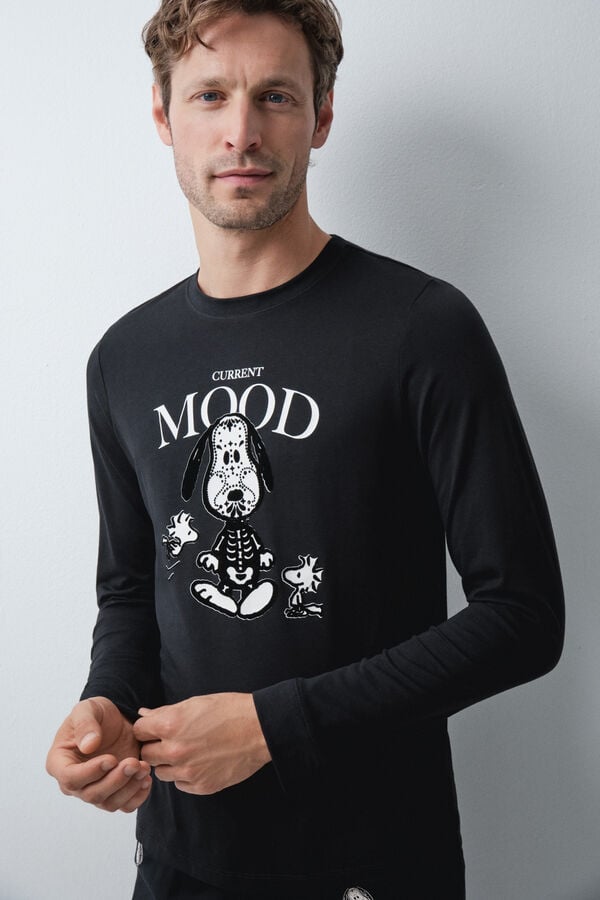 Women'secret Pijama larga de algod&oacute;n Snoopy Halloween negro