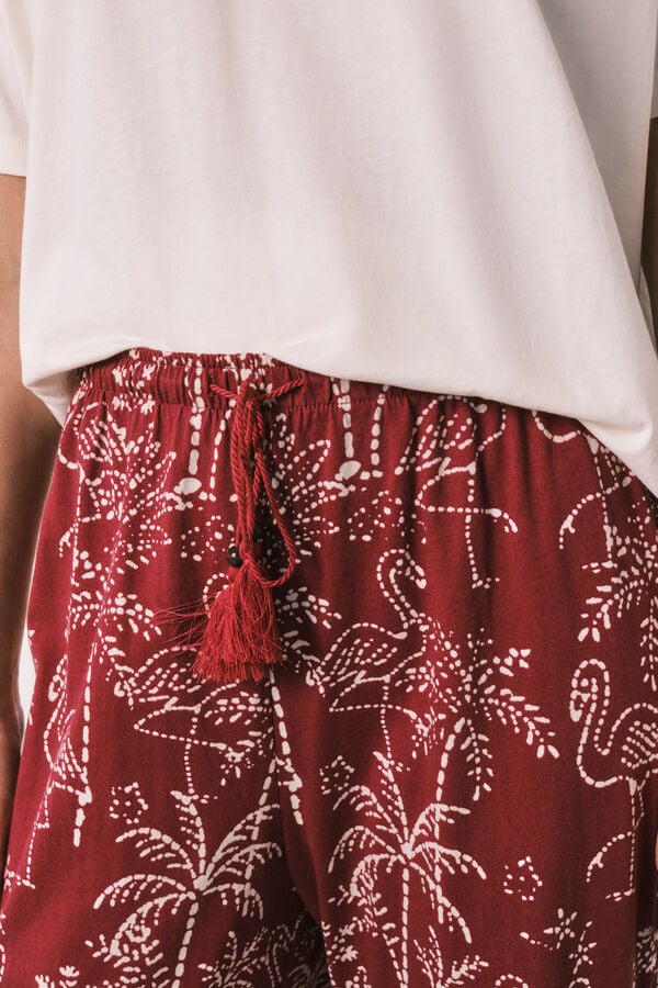 Women'secret Pijama larga de algod&oacute;n Stitch estampado de palmeras marfil