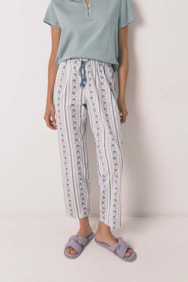 Womensecret Pantalón largo zanahoria 100% algodón ribetes marfil