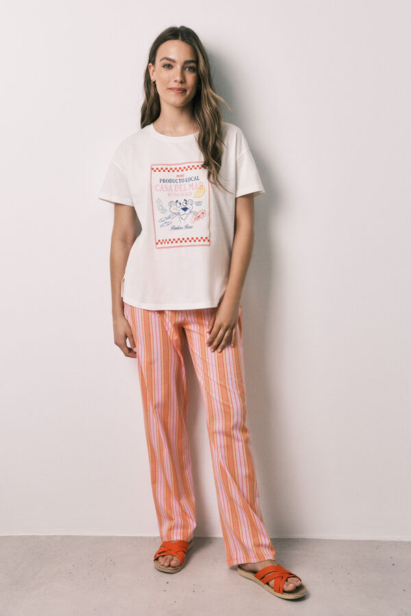Women'secret Pijama larga de algod&oacute;n a rayas Pantera Rosa marfil