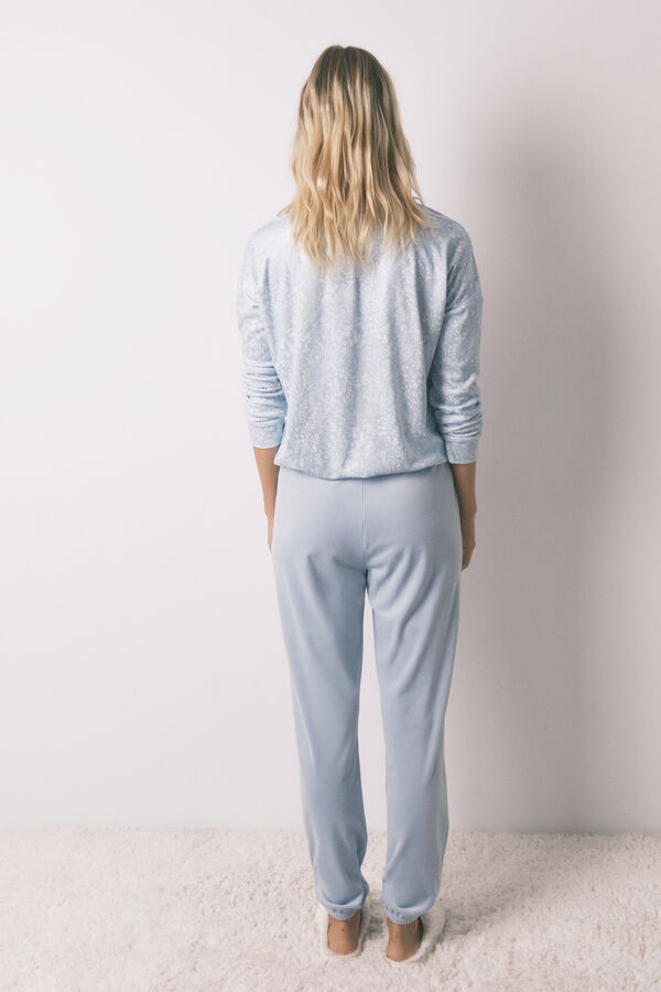 Women'secret Pijama pijama larga de terciopelo con flores de purpurina azul. azul