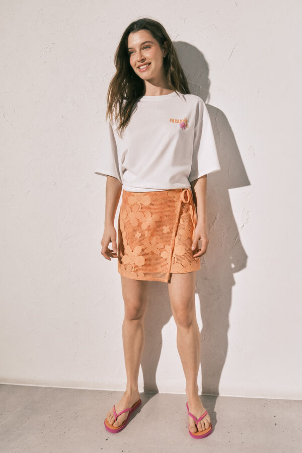 Women'secret Pareo corto de crochet con flores naranja naranja