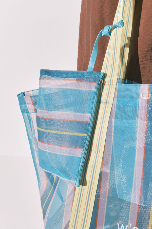 Women'secret Bolsa grande de malla a rayas azul y verde estampado