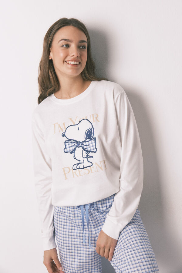 Women'secret Pijama larga  algodón Snoopy Vichy marfil