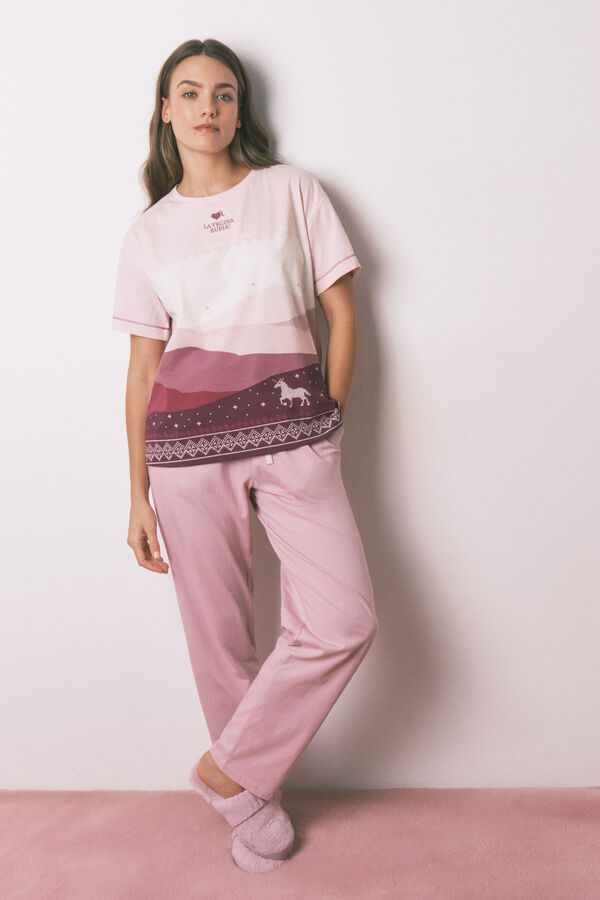 Women'secret Pijama larga 100% algodón con manga corta rosa