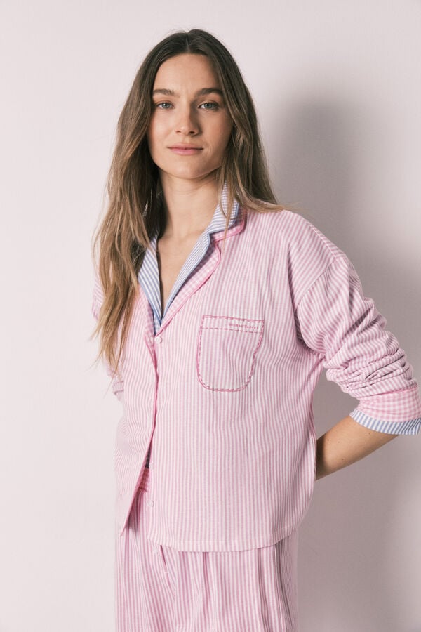 Women'secret Pijama camisera larga a rayas de algod&oacute;n rosa rosa