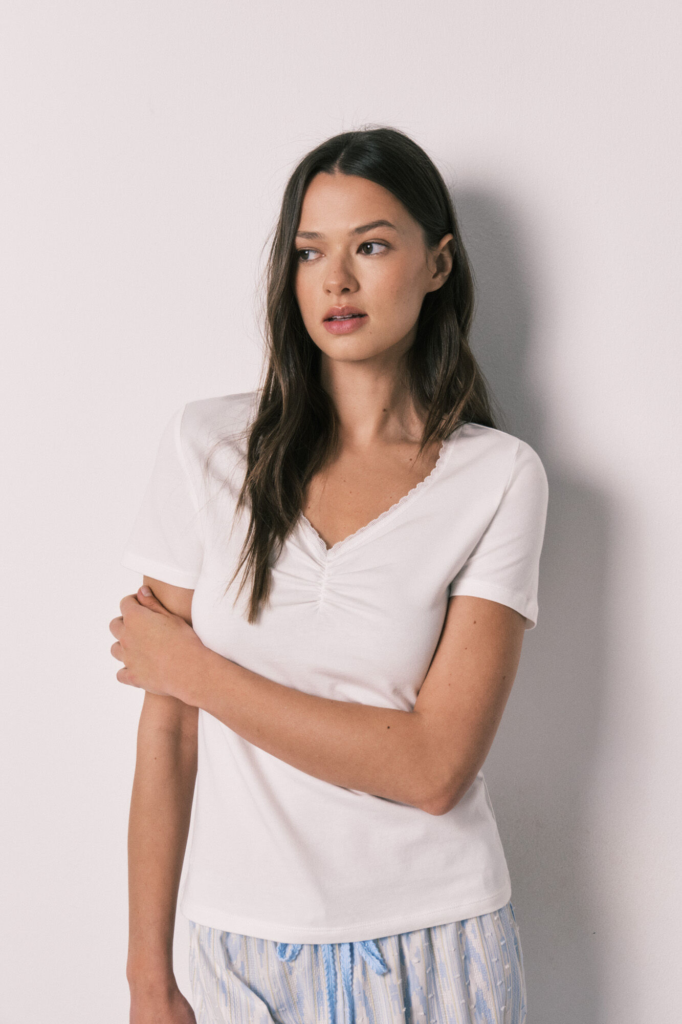 Women'secret Pijama larga de algod&oacute;n de manga corta marfil