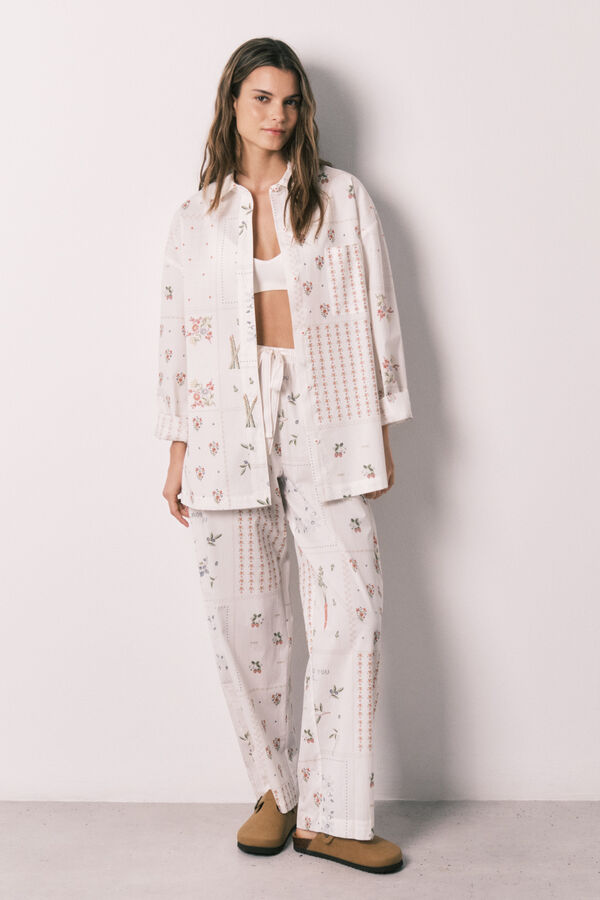 Women'secret Pantal&oacute;n largo 100% algod&oacute;n estampado floral blanco