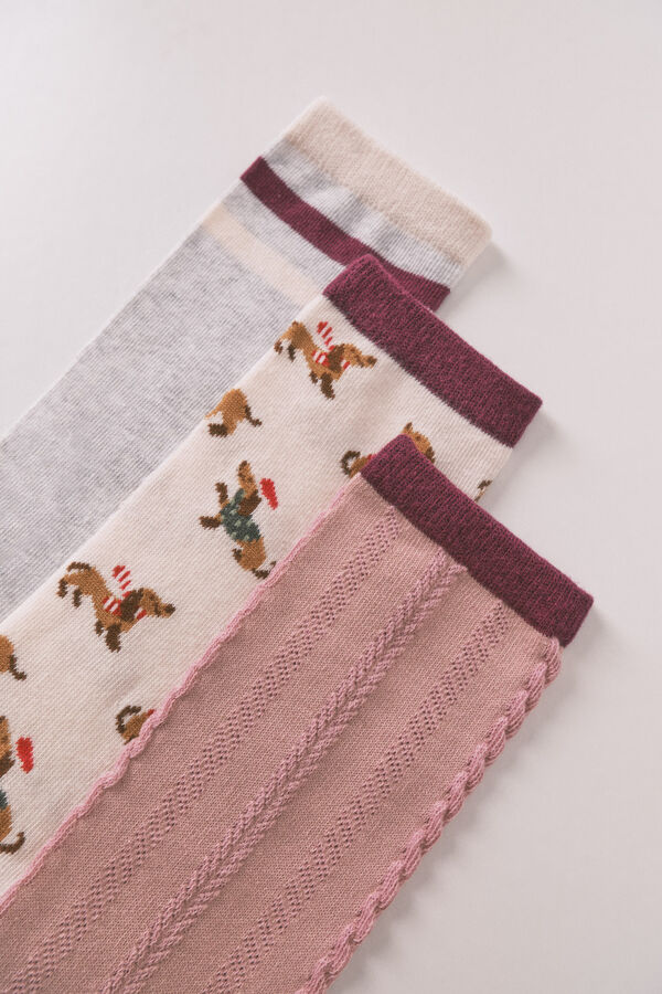 Women'secret Pack de 3 calcetines largos de algodón con perritos salchicha  beige
