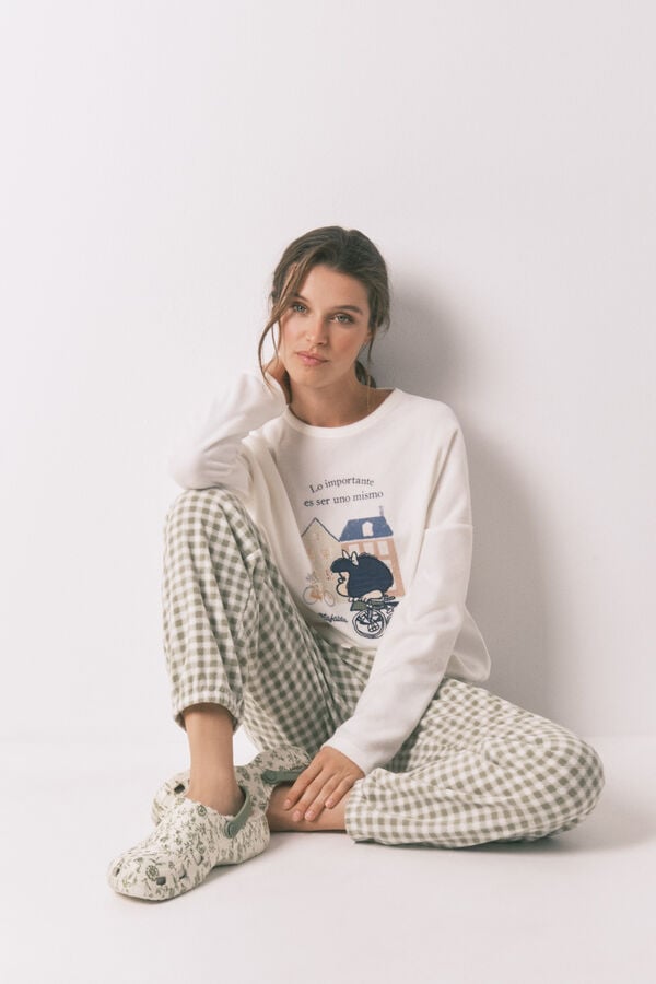 Womensecret Pijama larga largo Mafalda de forro polar con cuadros vichy marfil