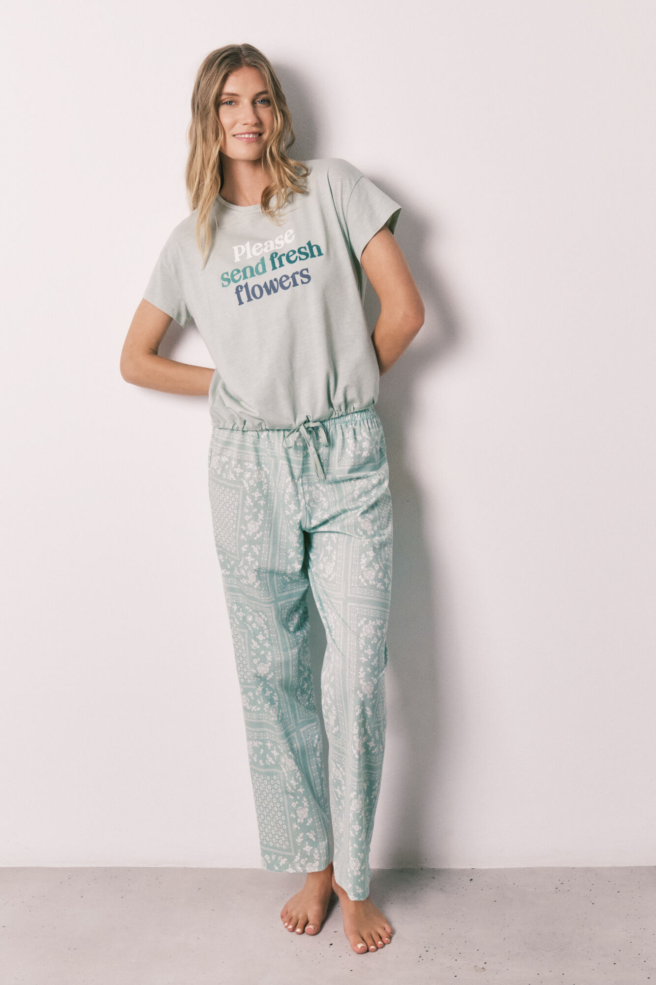 Women'secret Pijama larga de algod&oacute;n con estampado bandana verde
