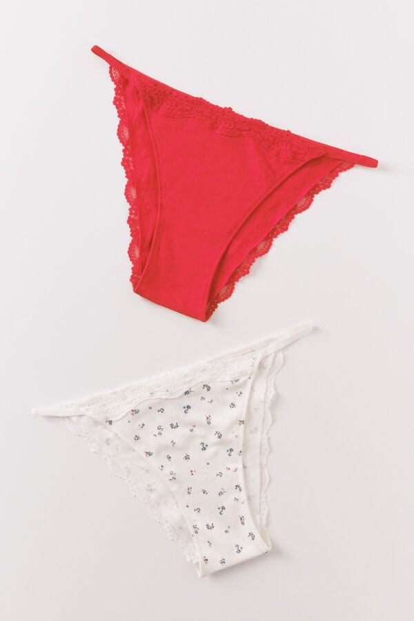 Women'secret Pack de 2 panties brasileñas en algodón rojo y estampado blanco estampado