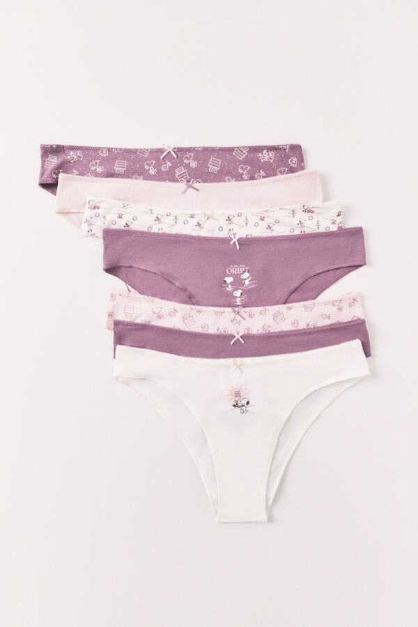 Women'secret Paquete de 7 panties brasile&ntilde;as estampadas de Snoopy de algod&oacute;n estampado