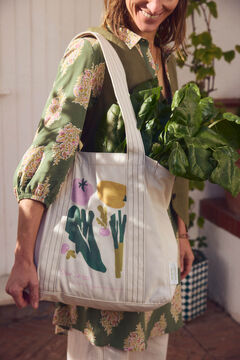 Womensecret Bolsa shopper, bolsa de algodón con estampado vegetal  marfil