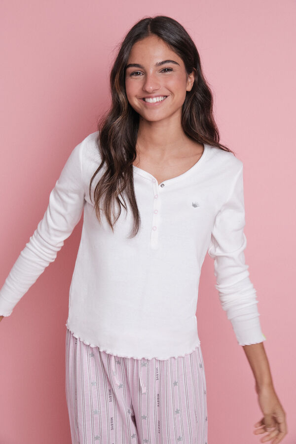 HI&BYE Pijama larga con rayas blancas y logo.  blanco