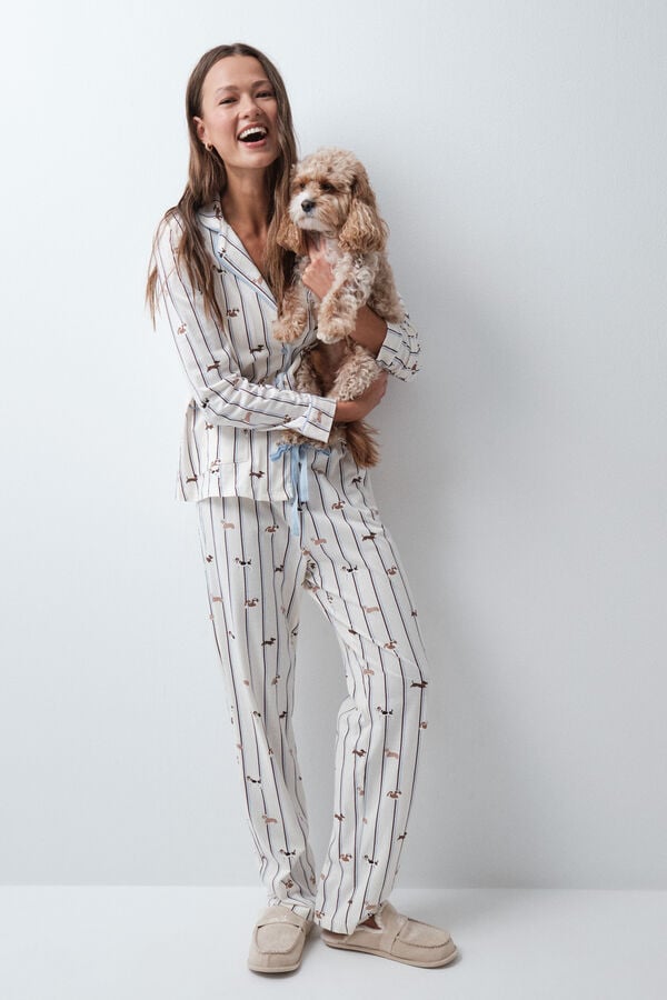 Women'secret Pijama larga camisera de rayas con perros blanco