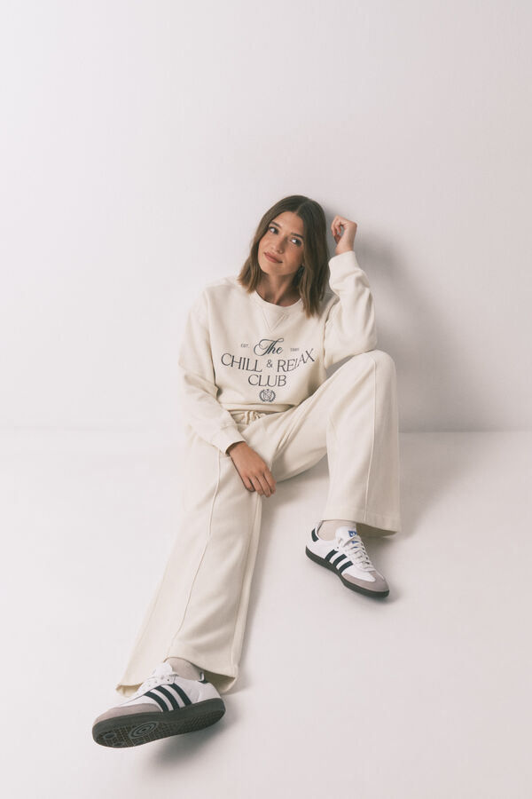 Women'secret Pantalón largo de felpa fina blanca marfil