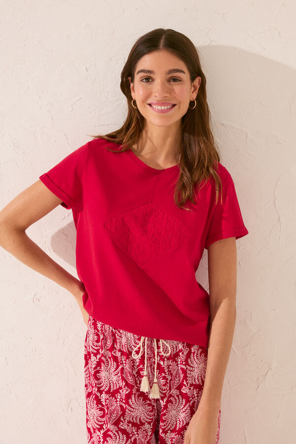 Womensecret Playera de manga corta 100% algodón con bordado rojo rojo