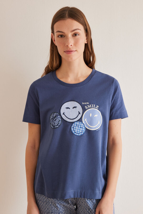 Womensecret Camiseta Smiley 100% algodón azul