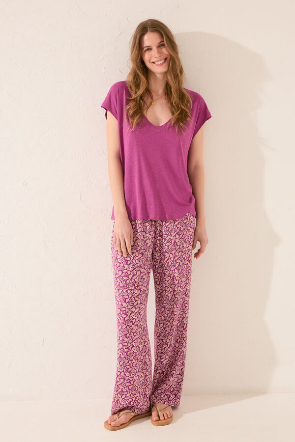 Womensecret Pantalón largo de viscosa con estampado morado/lila estampado
