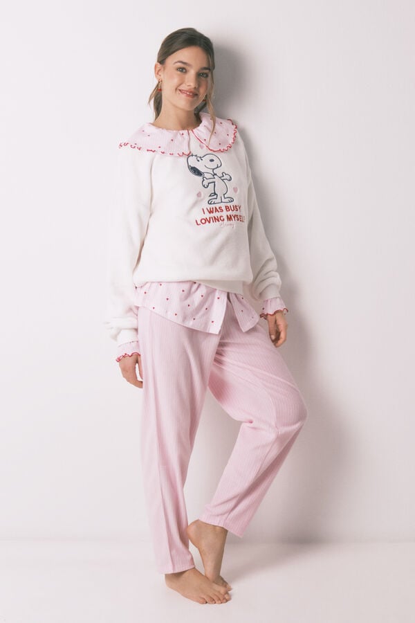 Women'secret Pijama larga de polar Snoopy marfil