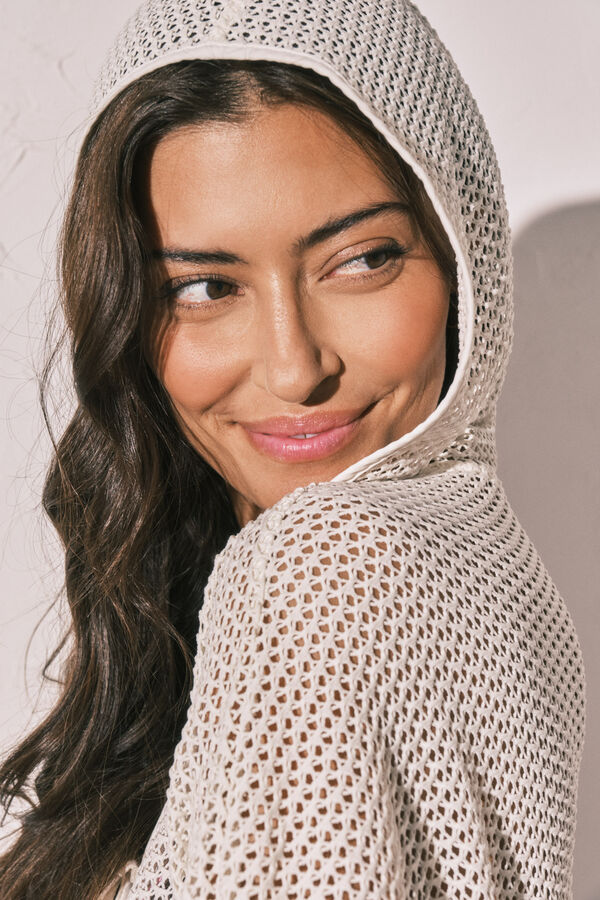 Women'secret T&uacute;nica corta con capucha efecto red beige marfil