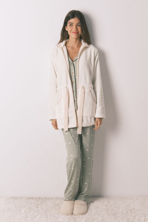 Women'secret Bata midi tejido polar blanco marfil