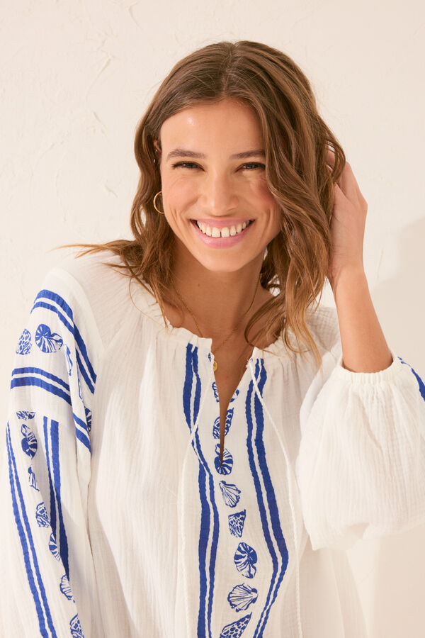 Womensecret Túnica short de muselina con estampado de conchas marfil