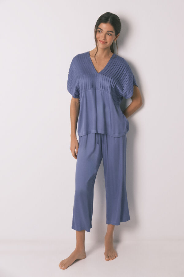 Women'secret Pijama larga azul escote plisado azul