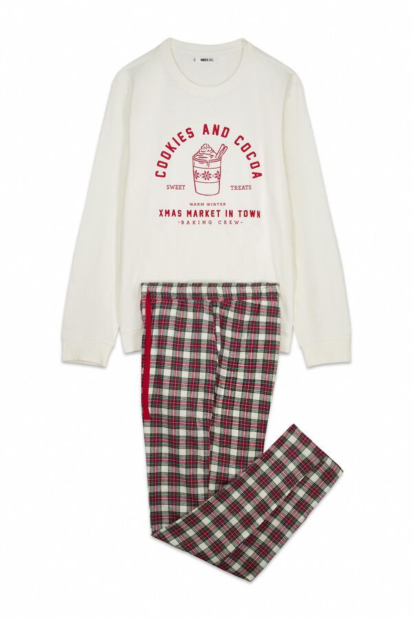 Women'secret Pijama de hombre largo 100% algod&oacute;n cuadros marfil
