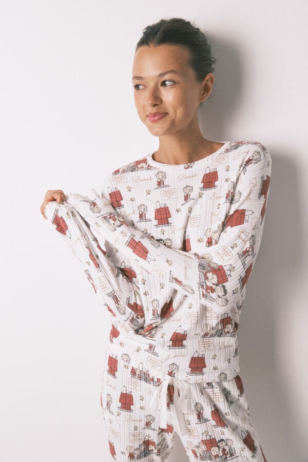 Women'secret Pijama larga canalé suave blanco Snoopy marfil