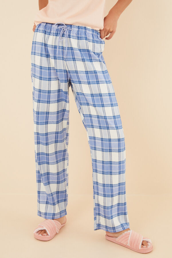 Womensecret Pantalones largos 100% franela de algodón a cuadros azules kaki