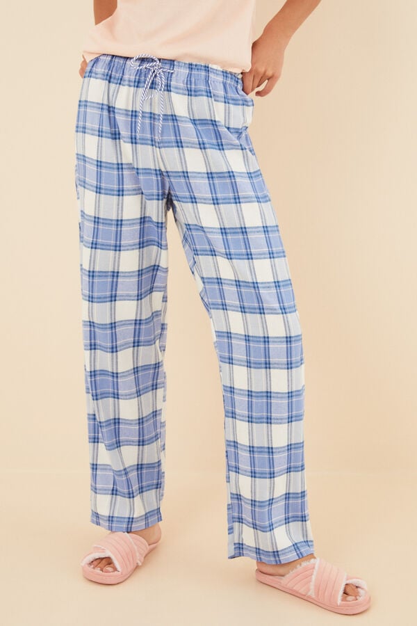 Womensecret Pantalones largos 100% franela de algodón a cuadros azules kaki