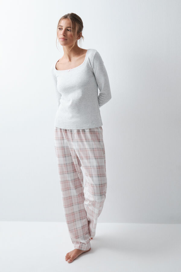 Women'secret Pijama larga de algod&oacute;n a cuadros gris