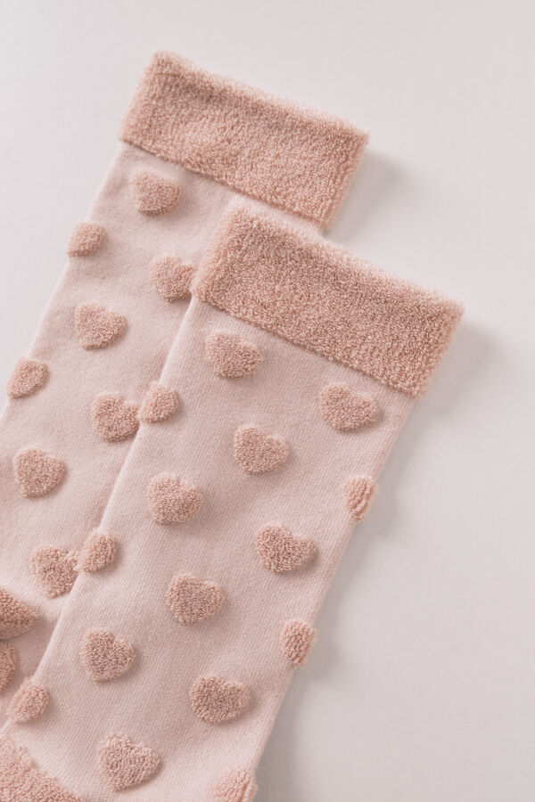 Women'secret Calcetines largos grises con corazones en relieve  rosa