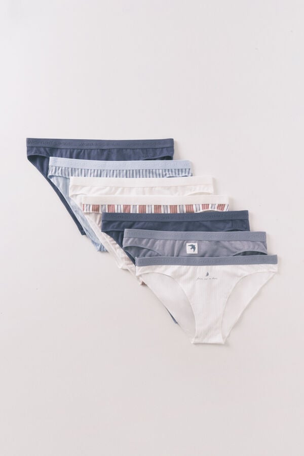 Women'secret Pack 7 panties cl&aacute;sicas de algod&oacute;n azul logo estampado