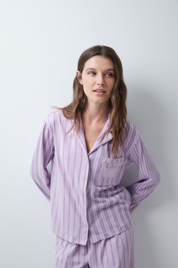 Women'secret Pijama larga camisera de rayas lila estampado