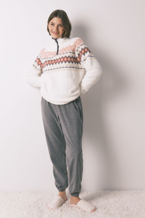 Women'secret Pijama larga polar suave estampado fair isle marfil