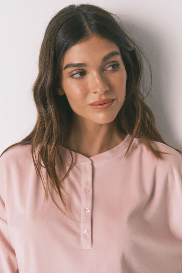 Women'secret Pijama larga polar suave cenefas rosa rosa