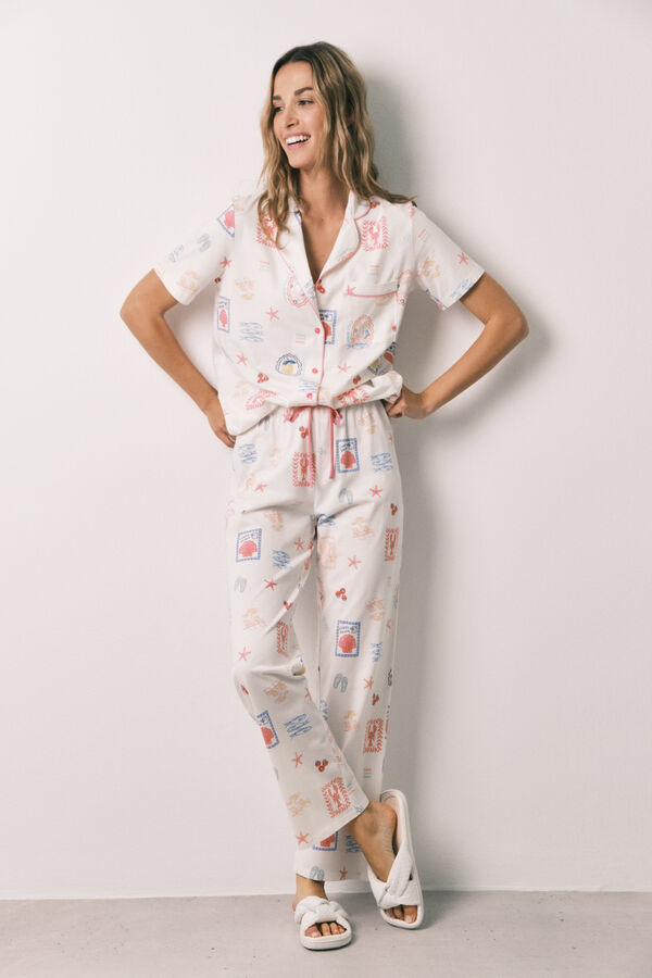 Women'secret Pijama camisera larga estampada multicolor blanca estampado