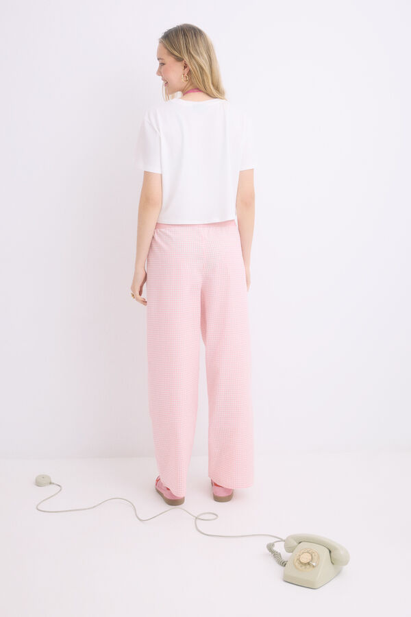 Womensecret Pijama de cuadros vichy rosas 100% algodón marfil