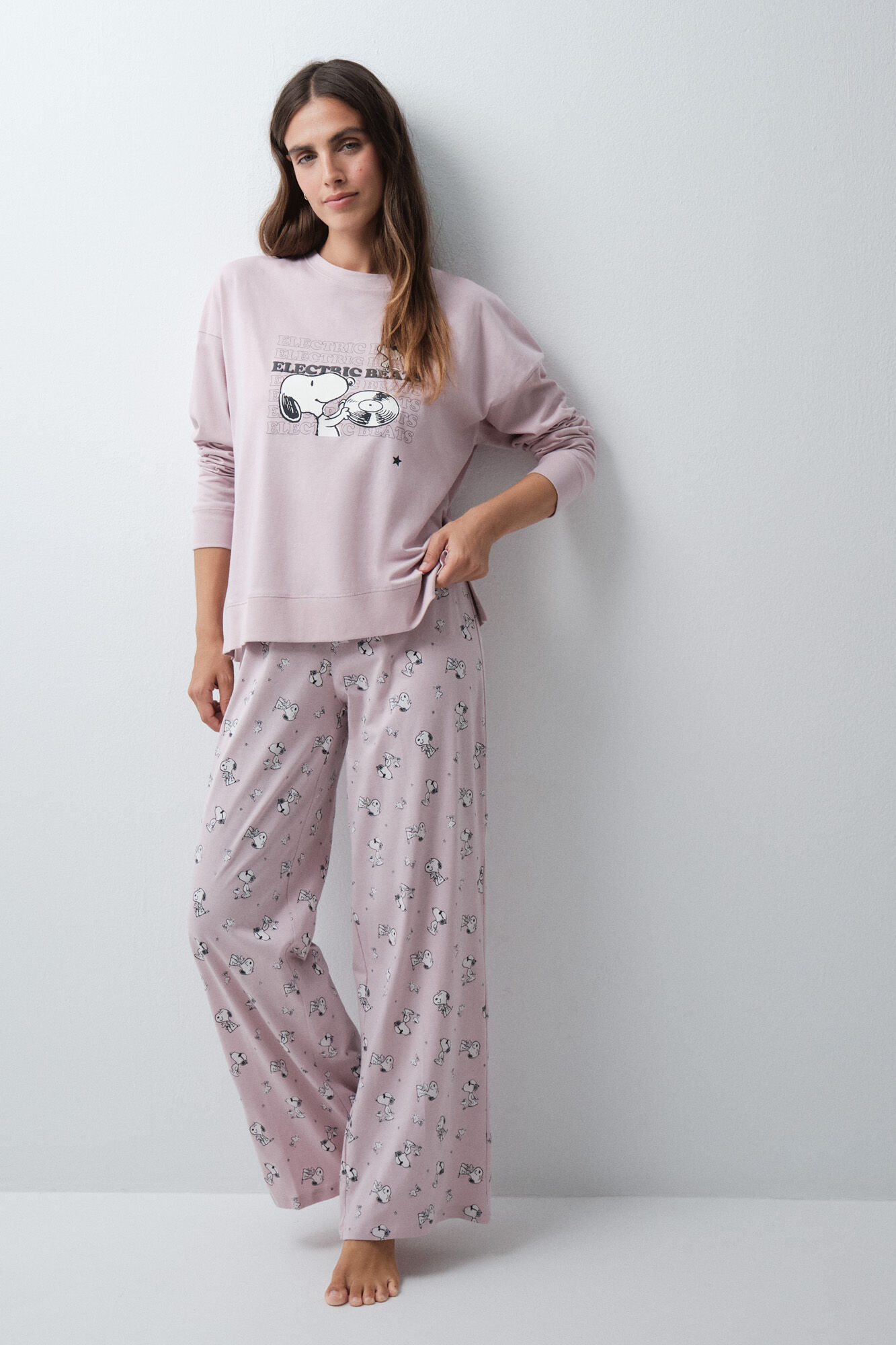 Women'secret Pijama larga de algod&oacute;n Snoopy rosa