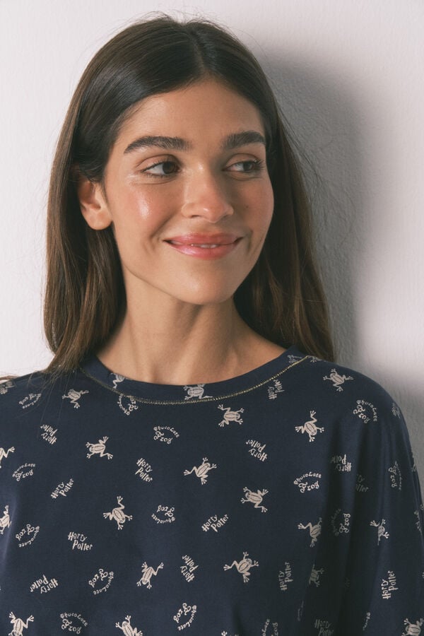 Women'secret Pijama larga 100% algod&oacute;n azul estampado ranitas azul