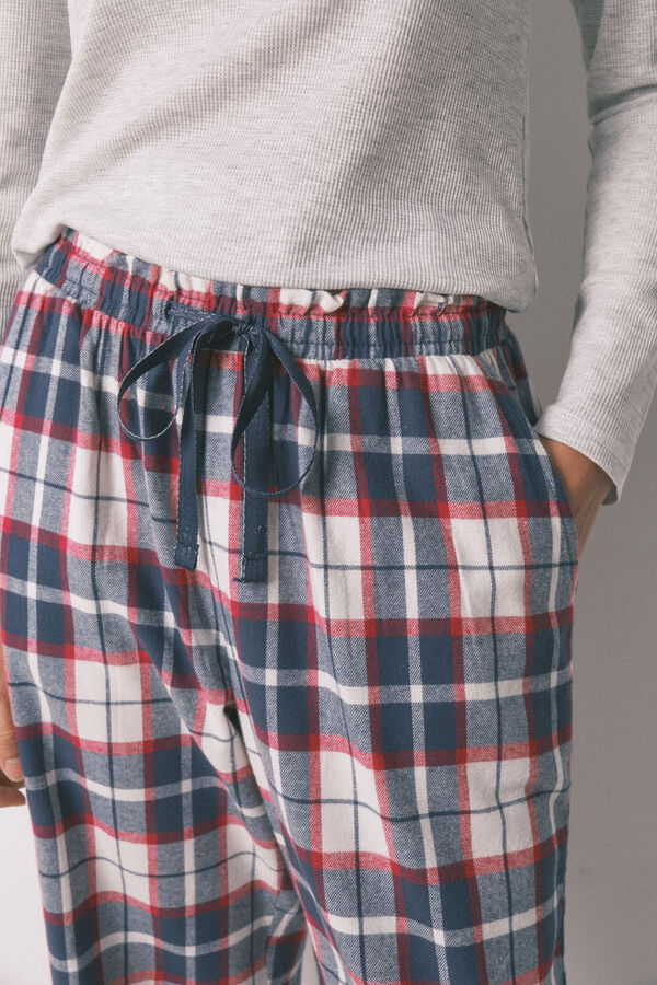 Women'secret Pantal&oacute;n largo 100% algod&oacute;n franela cuadros azul estampado